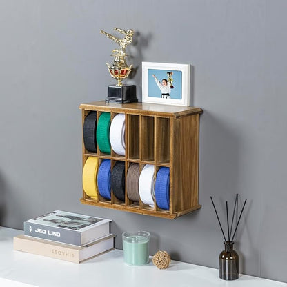 MyGift 12 Compartment Rustic Burnt Solid Wood Wall Mounted Dual Display Martial Arts Belt Holder with Top Trophy Storage Shelf in Horizontal or Vertical Mount