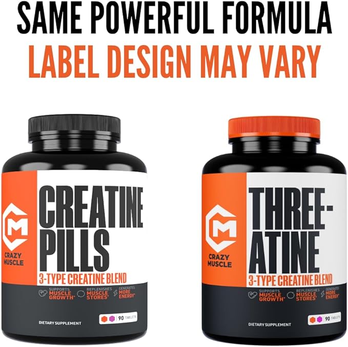 Crazy Muscle Creatine Pills, 5g 3X Pure Creatine Monohydrate, Pre Workout Bulk Muscle Mass Gainer, High Absorption Easy to Take ThreeAtine 3 Type Optimum Performance for Lean Growth, 90 Tablets