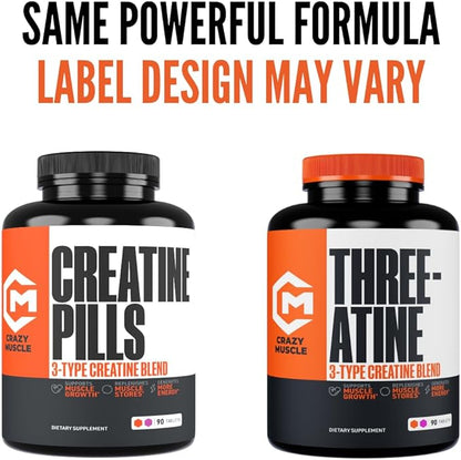 Crazy Muscle Creatine Pills, 5g 3X Pure Creatine Monohydrate, Pre Workout Bulk Muscle Mass Gainer, High Absorption Easy to Take ThreeAtine 3 Type Optimum Performance for Lean Growth, 90 Tablets