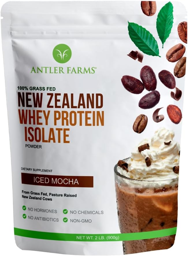 Antler Farms - 100% Grass Fed New Zealand Whey Protein Isolate, Iced Mocha Flavor, 2 lbs - Pure and Clean, 6 Ingredients, Cold Processed