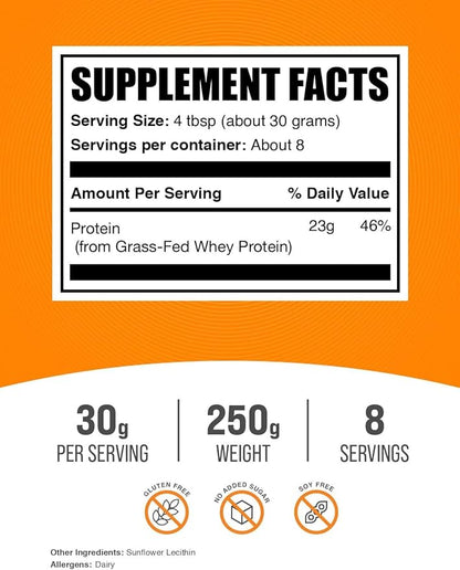 BulkSupplements.com Grass Fed Whey Protein Powder - Whey Protein Concentrate Powder - Unflavored & Gluten Free, 30g per Serving, 250g (8.8 oz) (Pack of 1)