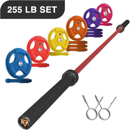 7FT Olympic Barbell Bar with Weight Plate Set Combo, Solid Olympic Bar with Bearings, 700Lbs Capacity Weight Bar for Home Gym Strength Training, Weightlifting, Powerlifting, Fit for 2" Olympic Plates