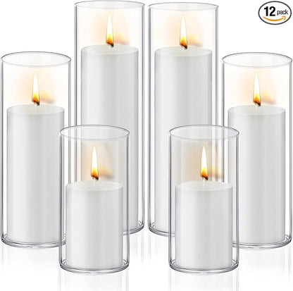 12 PCS White Pillar Candles with Glass Candle Holders Clear Hurricane Candle Holders Glass Cylinder Vases for Centerpieces Wedding Party, Event, Home Office (6 Candles+6 Candle Hoders)
