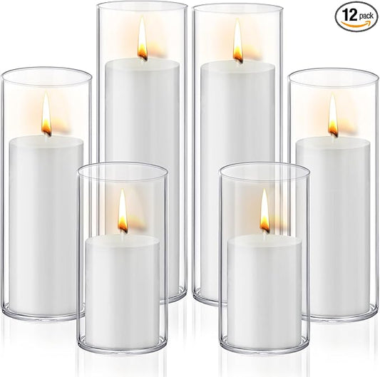 12 PCS White Pillar Candles with Glass Candle Holders Clear Hurricane Candle Holders Glass Cylinder Vases for Centerpieces Wedding Party, Event, Home Office (6 Candles+6 Candle Hoders)