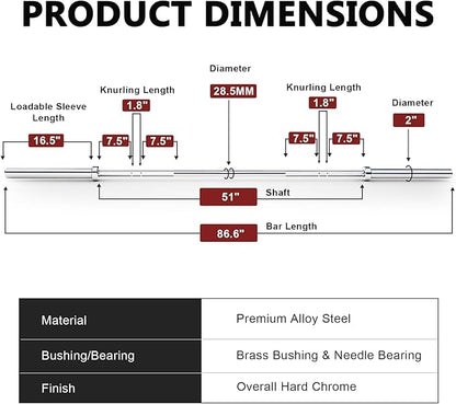 LIONSCOOL 7FT Olympic Barbell for Weightlifting, Power Lifting, 2 Inch Strength Training Bar for Squats, Deadlifts, Presses, Rows, Curls - 700lbs/1000lbs/1500lbs Capacity