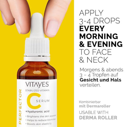 VITAYES Vitamin C Face Serum Anti Aging Serum with Hyaluronic Acid Skin Hydrating & Brightening for Dark Spots, Fine Lines and Wrinkles 1 Oz.