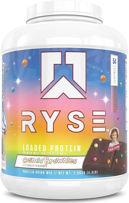 RYSE Loaded Protein Powder - Little Debbie Cosmic Brownie - 25g Whey Protein Isolate & Concentrate with Prebiotic Fiber & MCTs - Low Carb, Low Sugar, Digestive-Friendly - 54 Servings / 4 lb Tub