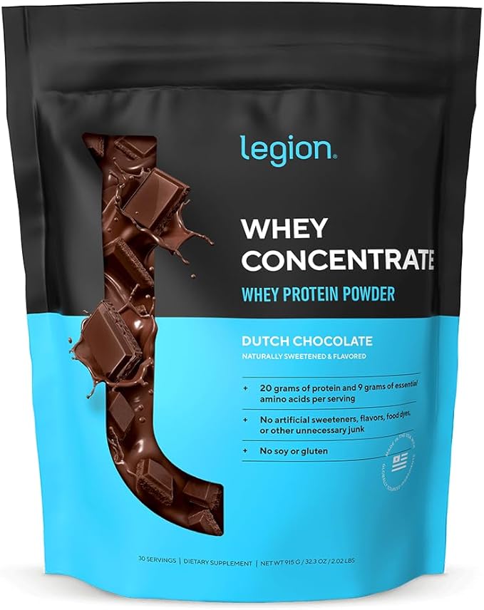 LEGION Whey Protein Powder - Naturally Flavored Whey Protein Concentrate with BCAAs - Supports Muscle Growth & Recovery, Gluten Free, No Added Sugar Protein Powder - Chocolate Flavor (30 Servings)