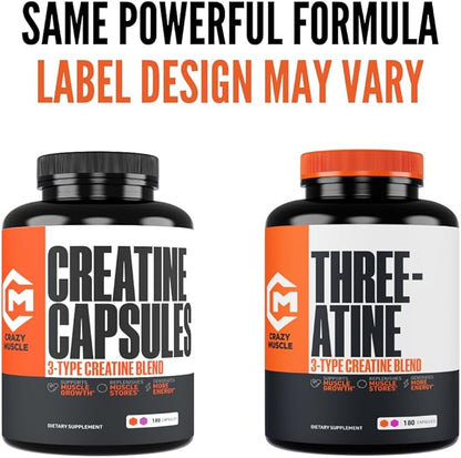 Creatine Capsules, 5g Premium 3X ThreeAtine Pre Workout Bulk Muscle Mass Gainer, High Absorption Easy to Take Creatine Monohydrate Pills Alternative Optimum Performance for Men Women, 180 Capsules