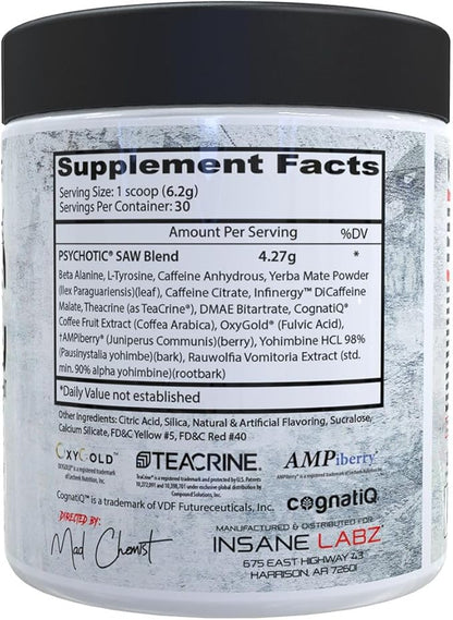 Insane Labz Psychotic Saw, High Stim Pre Workout Powder with OxyGold­??and AMPiberry®,Extreme Lasting Energy with Teacrine®,Focus with CognitIQ® and Endurance with Beta Alanine,30 Srvgs,Blood Orange