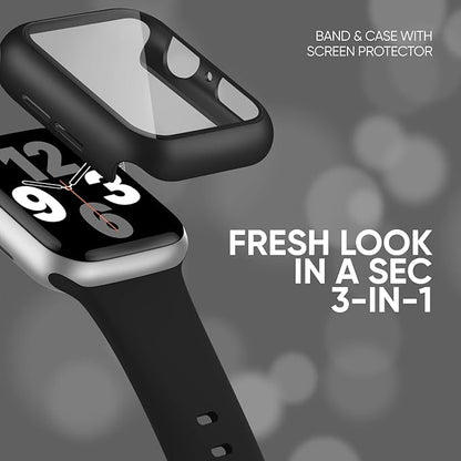 Compatible for Apple Watch Band 38mm and Case with Screen Protector, Soft Silicone Sport Strap Bands and Protective Cover with Tempered Glass for iWatch Series 9 8 7 SE 6 5 4