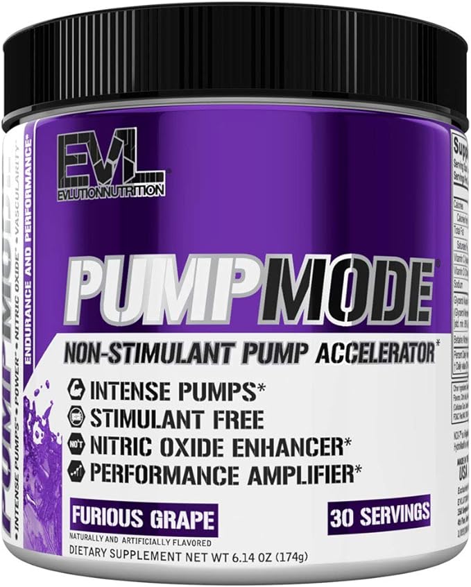 EVL PumpMode Nitric Oxide Supplement - Nitric Oxide Booster Pump Pre Workout Powder with Glycerol and Betaine for Muscle Recovery Growth and Endurance - Stim Free Pre Workout Drink (Furious Grape)
