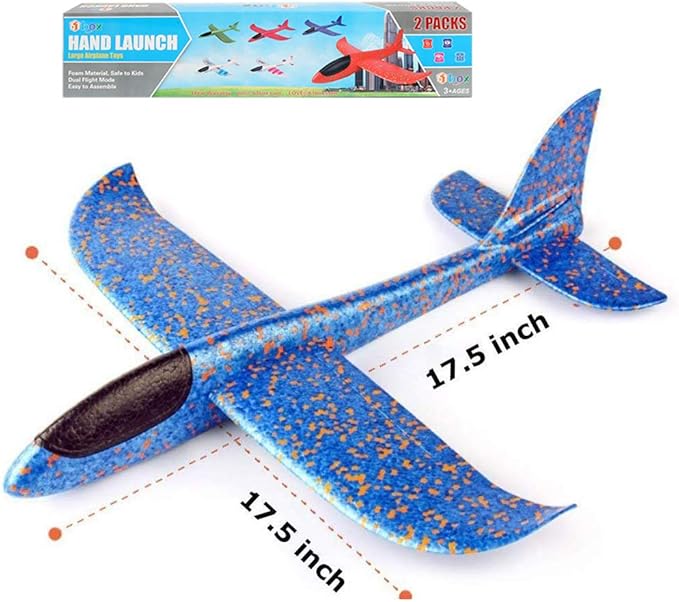 BooTaa 2 Pack Airplane Toys, 17.5" Large Throwing Foam Plane, 2 Flight Mode Glider, Flying Toy for Kids, Birthday Gifts for 3 4 5 6 7 8 9 10 11 12 Year Old Boys Girls, Outdoor Sport Toys Party Favors