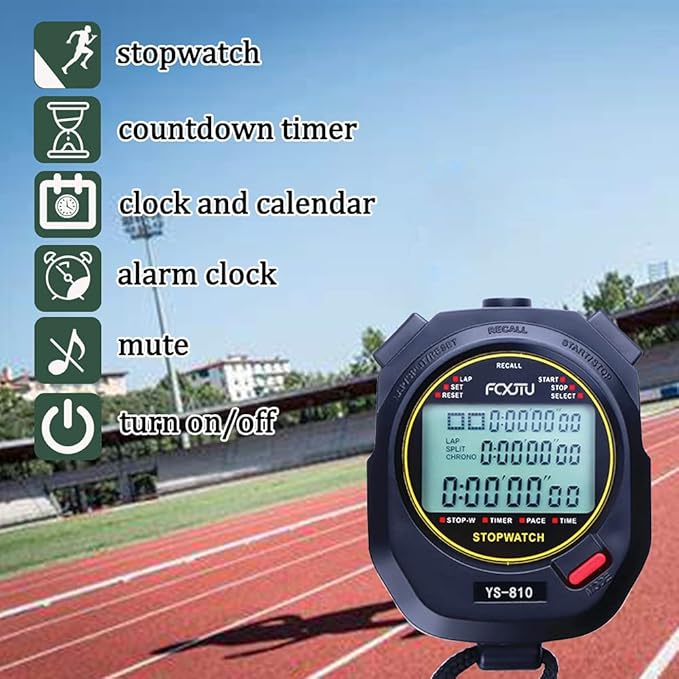 FCXJTU Digital Sports Stopwatch Timer 10/100 Lap Split Memory Stopwatch Calendar Alarm, Pace Mode with 3-Row Extra Large Screen Water Resistant Includes Battery, Lanyard for P.E Referee Coaches