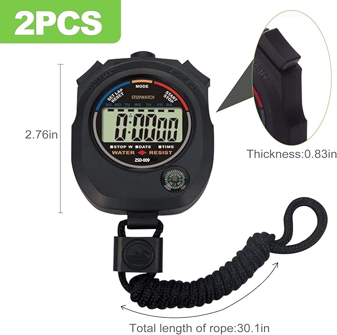 2 Pack Multi-Function Digital Stopwatch Timer, Large Display with Date, Time, and Alarm, Ideal for Sports, Coaches, Fitness, and Referees