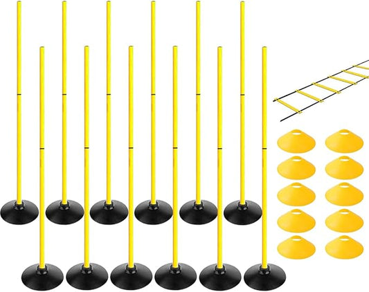 TNZMART 4.9FT Training Agility Poles Set Detachable Soccer Training Sticks Slalom Poles with 10 Disc Cones and Speed Ladder