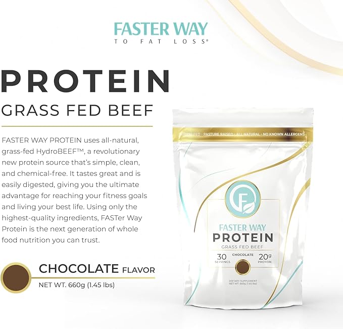 Faster Way - Protein Powder - Hydrolyzed Grass Fed Beef - 20g of Protein Per Serving - Muscle Growth & Recovery - 9 Essential Amino Acids - Sugar, Gluten & Dairy Free - Non-GMO -Chocolate -30 Servings