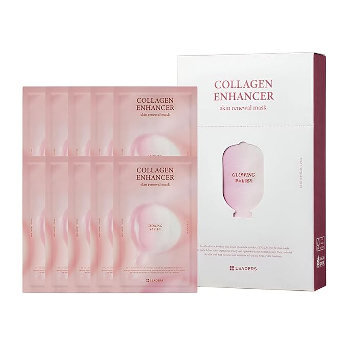 LEADERS Collagen Enhancer Skin Renewal Mask ??Boosts Elasticity, Firmness & Hydration for a Plump ??Hydrating Face Mask with Hydrolyzed Collagen, Plant Extracts, & Moisture-Rich Formula ??10 Sheets