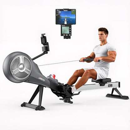 JOROTO Rowing Machine for Home Foldable, Air Magnetic Rowing Machines with 10-Level Adjustable Resistance, Quiet Ergonomic Seat，Bluetooth App, Max 350LBS, Space-Saving Home Gym, Gray