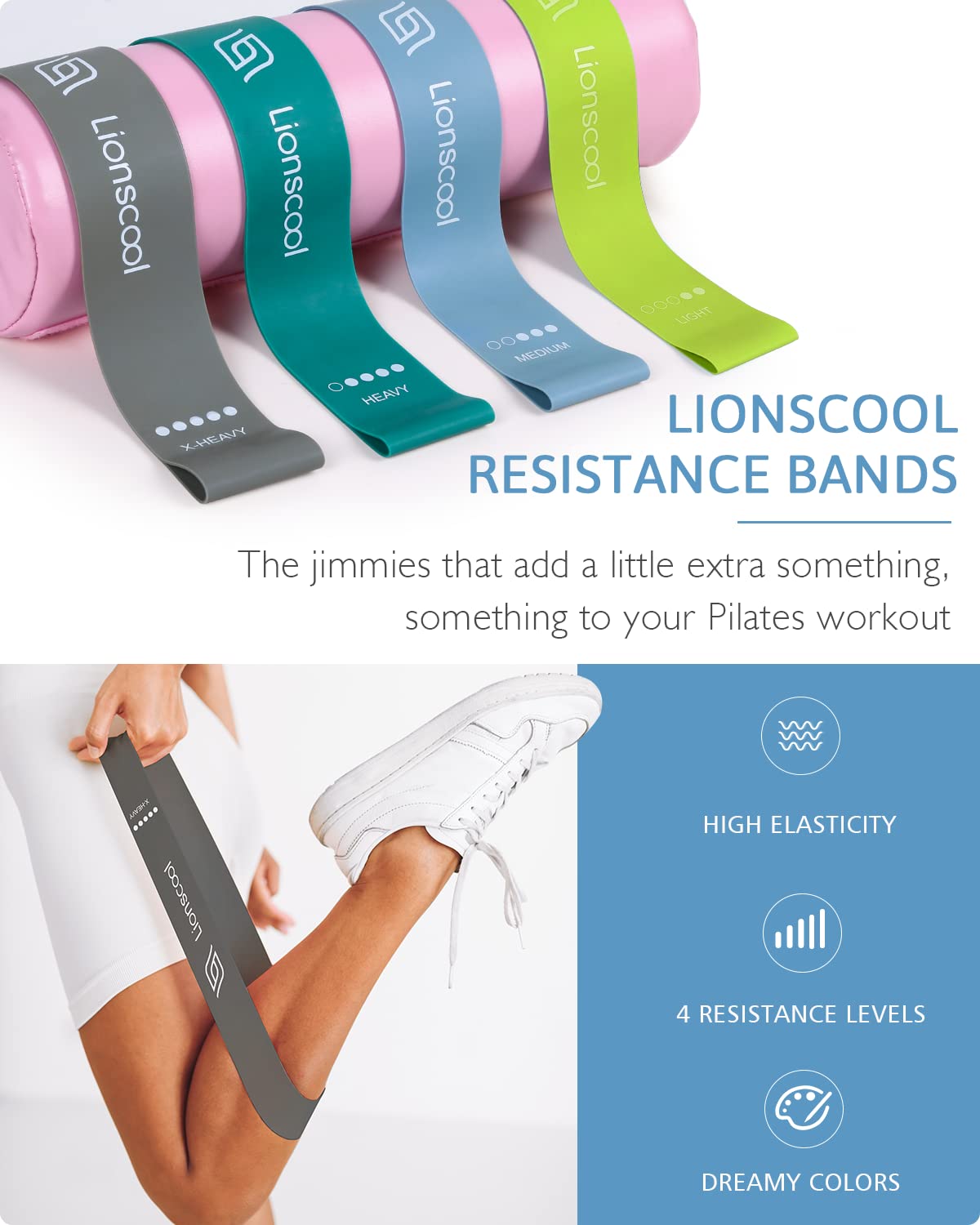 LIONSCOOL Pilates Ring Set 14" Magic Circle, 9" Mini Ball, Resistance Bands