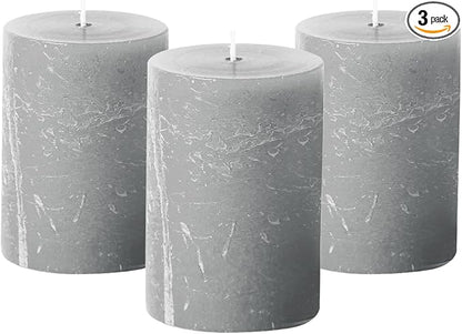 Simply Soson 3x4 inch Grey Pillar Candles Set of 3, Rustic Texture, Unscented Grey Candles, Dripless Candles, 3 inch Pillar Candles Ideal as Wedding, Parties, Spas, Dinner, Home Decoration, Church