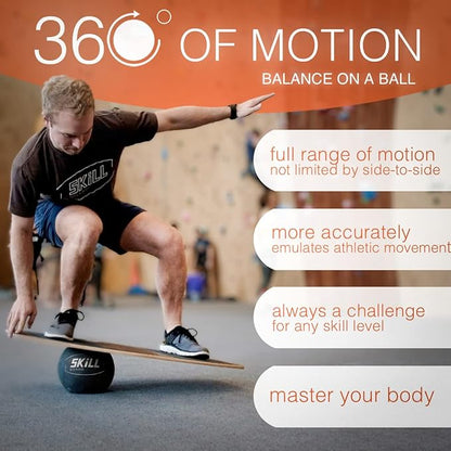 The Skill Board - Wooden Balance Board for Adults - Wobble Board for All Sports, Gym, Standing Desk, or Yard Games - Balance Trainer, Fitness Ball, Ball Pump, Grip Tape