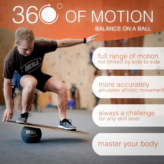 The Skill Board - Wooden Balance Board for Adults - Wobble Board for All Sports, Gym, Standing Desk, or Yard Games - Balance Trainer, Fitness Ball, Ball Pump, Grip Tape