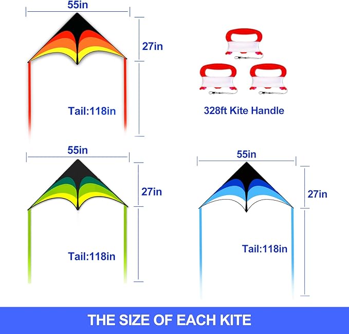3 Pack Delta Kite Set for Adults and Kids, Single Line Beach Kites for Boys & Girls, Three Handle with String Included