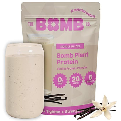 The Bomb Co. Bomb Plant Protein, Protein Powder with 20g Protein, Amino Acids, Zero Sugar, Pea Protein, Chia Seeds, Pumpkin Seeds, Vanilla & Monk Fruit, Gluten Free, Vanilla Flavor, 20 Srvgs