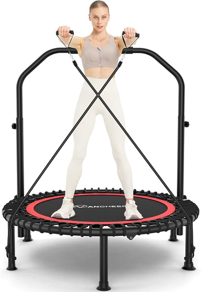 ANCHEER 40" Foldable Mini Trampoline,Max Load 450lbs/550lbs Indoor Trampoline,with 4 Level Adjustable Foam Handle and Resistance Bands,Adult Exercise Trampoline for Home, Garden, and Gym