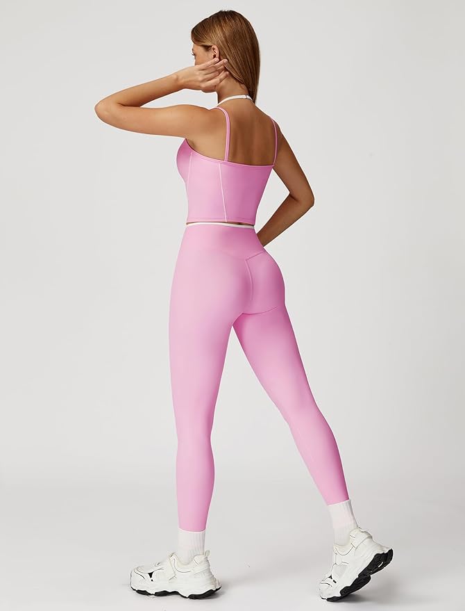 ABOCIW Workout Sets for Women 2 Piece Color Block Strappy Sports Bra High Waist Leggings Gym Yoga Pilates Outfits