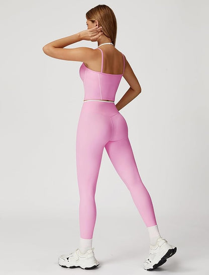 ABOCIW Workout Sets for Women 2 Piece Color Block Strappy Sports Bra High Waist Leggings Gym Yoga Pilates Outfits