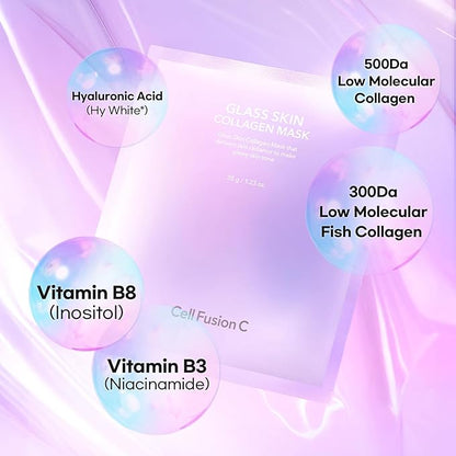 Cell Fusion C Glass Skin Collagen Mask, 1.23 oz. x 5 Sheets, Overnight Hydrogel Mask with Triple Collagen, Hydrating and Plumping, Korean Skincare
