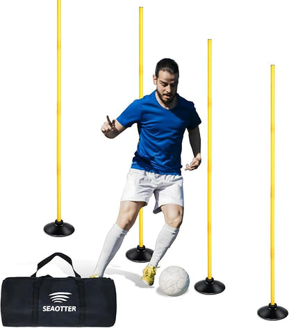 SEAOTTER Soccer Agility Poles Set, 4/6/10 Pcs 6ft Detachable Sports Trainning Speed Poles Slalom Poles with Rubber Base, Agility Training Equipment for Football, Rugby, Basketball, Indoor & Outdoor