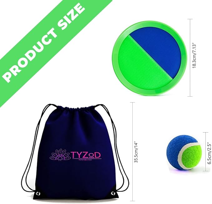 Toss and Catch Ball Set, Outdoor Games, Beach Games for Kids, Toss Ball and Catch Game Set for Kids/Family (6 Paddles, 3 Balls and 1 Storage Bag) (Blue-Green)