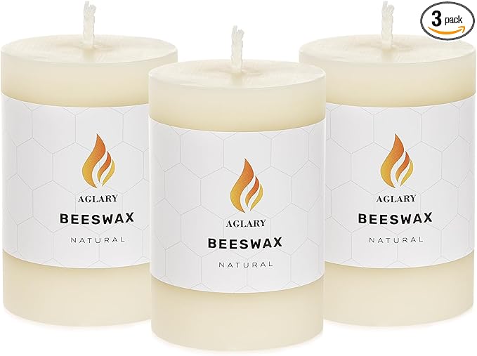 3PCS Beeswax Pillar Candles,Large Handmade Pure Beeswax Candle,Long Lasting Burn Time，Unscented Smokelessï¼? * 3",20H, White