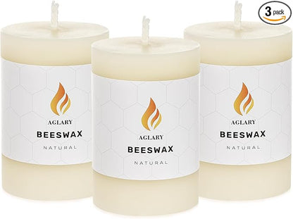 3PCS Beeswax Pillar Candles,Large Handmade Pure Beeswax Candle,Long Lasting Burn Time，Unscented Smokelessï¼? * 3",20H, White
