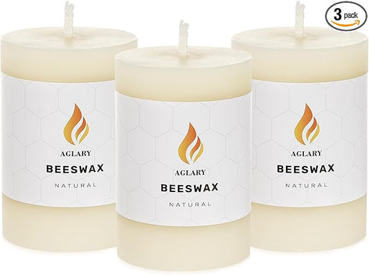 3PCS Beeswax Pillar Candles,Large Handmade Pure Beeswax Candle,Long Lasting Burn Time，Unscented Smokelessï¼? * 3",20H, White