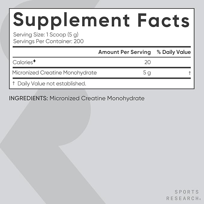 Sports Research Creatine Monohydrate - Gain Lean Muscle, Improve Performance and Strength and Support Workout Recovery - 5 g Micronized Creatine - 35.27 oz