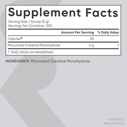 Sports Research Creatine Monohydrate - Gain Lean Muscle, Improve Performance and Strength and Support Workout Recovery - 5 g Micronized Creatine - 35.27 oz