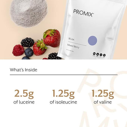 Promix BCAA Post-Workout Energy Powder - 5g Micronized BCAAs, Sugar Free, Plant Based, Vegan, Keto - Mixed Berry - 30 Servings (Pack of 1)
