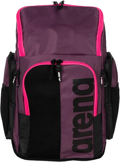 ARENA Spiky III Backpack 45 Swimming Athlete Sports Gym Rucksack Large Training Gear Equipment Swim Bag for Men and Women, 45 Liters, Plum/Neon Pink