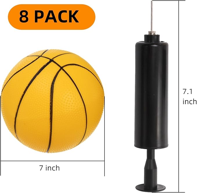8 Pack Mini Basketballs, 7" Small Pool Basketball with Pump, Inflatable PVC Basketball Hoop Indoor, Replacement Basketballs for Pool, Sports Party, Water Games, Outdoor Play