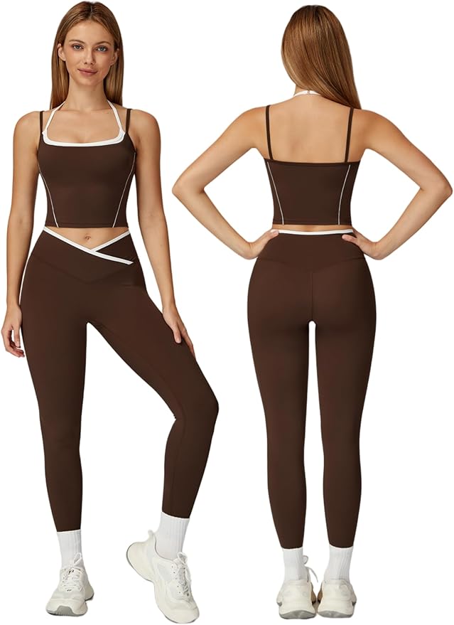 ABOCIW Workout Sets for Women 2 Piece Color Block Strappy Sports Bra High Waist Leggings Gym Yoga Pilates Outfits