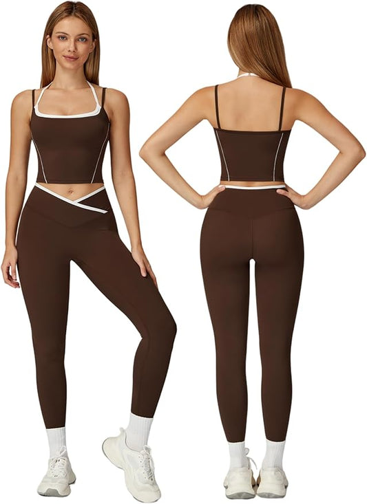 ABOCIW Workout Sets for Women 2 Piece Color Block Strappy Sports Bra High Waist Leggings Gym Yoga Pilates Outfits