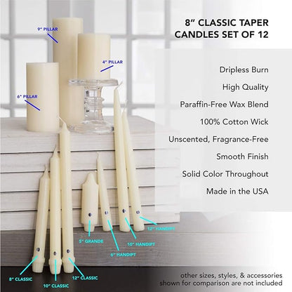 Colonial Candle Unscented Taper Candle, Classic Collection, Limoncello, 8 in, Pack of 12 - Up to 6 Hours Burn