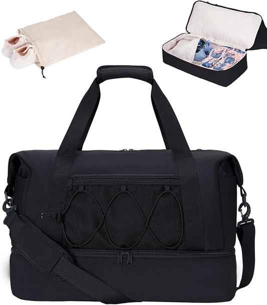 sportsnew Gym Travel Bag for Women, Large Travel Duffel with Shoe Compartment and Wet Pocket, Water Resistant Weekender Overnight Carry on Sports Tote Bags, Black, patent pending