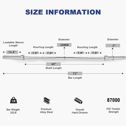 LIONSCOOL Premium 4ft/4.9ft/6ft Barbell for Strength Training and Olympic Weightlifting, 2 Inch Bar for Squats, Curls, Deadlifts, Presses, Hip Thrusts, 350lbs/500lbs/700lbs Weight Capacity