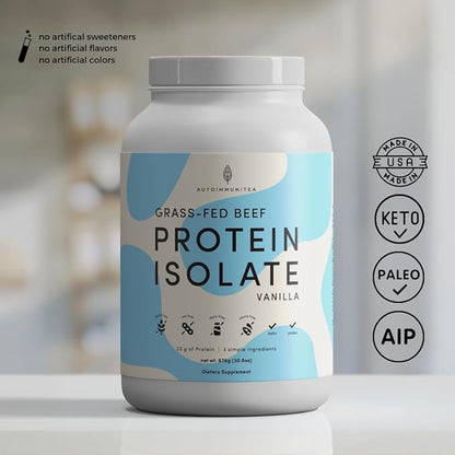 Grass Fed Beef Protein Powder Isolate - AutoimmuniTea, 23g of Paleo Carnivore Protein, Keto Friendly, Grain Free, No Dairy or Soy, No Whey, Stevia Free, Vanilla Flavor - 2lbs of Prime Muscle Building