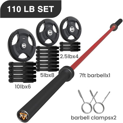 7FT Olympic Barbell Bar with Weight Plate Set Combo, Solid Olympic Bar with Bearings, 700Lbs Capacity Weight Bar for Home Gym Strength Training, Weightlifting, Powerlifting, Fit for 2" Olympic Plates